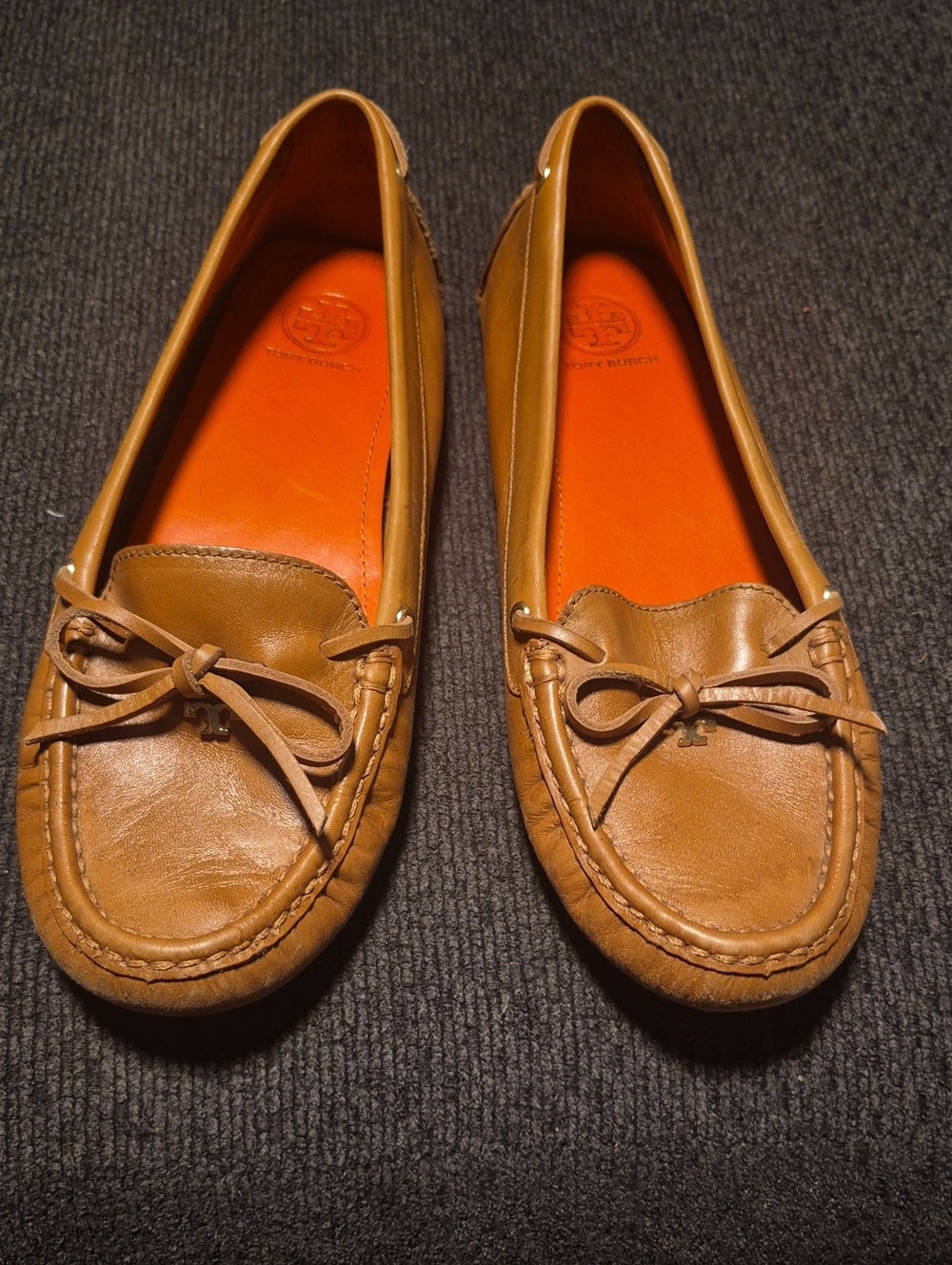 Tory Burch Tan Leather Bow Moccasins with Orange Insole